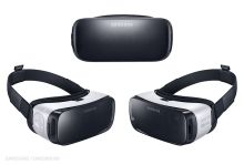 Three views of the 2015 consumer edition of Samsung Gear VR.
