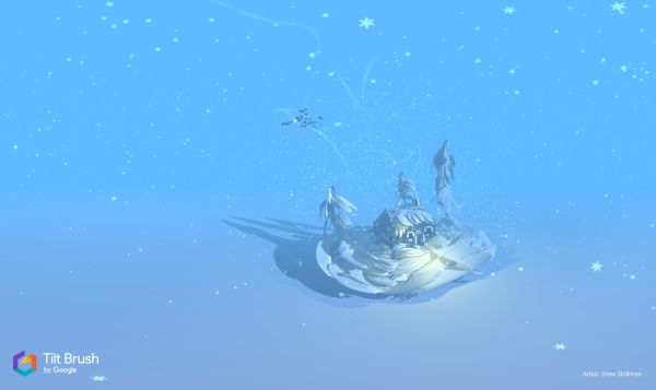 A snowy miniature scene painted with three-dimensional strokes; artist credit is visible.