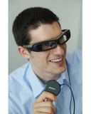 A wearer demonstrating the SmartEyeglass prototype in Sony's 19 September 2014 announcement.