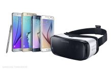 The 2015 consumer Gear VR with compatible Samsung Galaxy phones, as illustrated at its announcement.