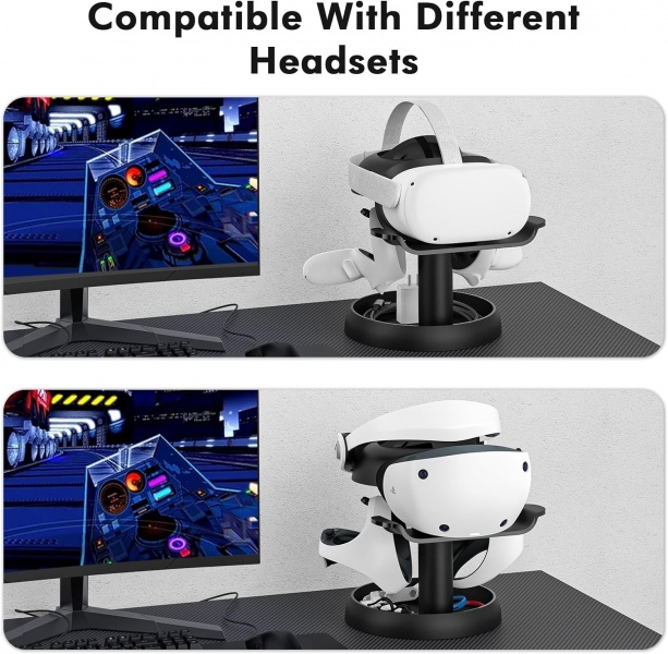 File:AMVR Stand Holder for Meta Quest 2-Quest Pro-PSVR2-Pico 4 - Universal VR Headset Display Dock with 2 Touch Controllers Hanger Station image2.jpg