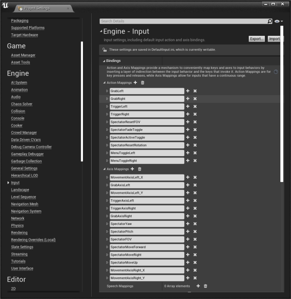 Unreal Engine project settings list the VR Template input action mappings.