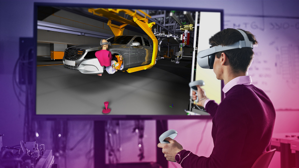 A headset user and an industrial vehicle assembly model in a composite illustration.