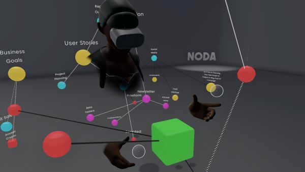 A virtual avatar stands among labeled mind-map nodes and connecting lines.