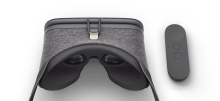 Rear view of the 2016 Google Daydream View viewer with its controller.