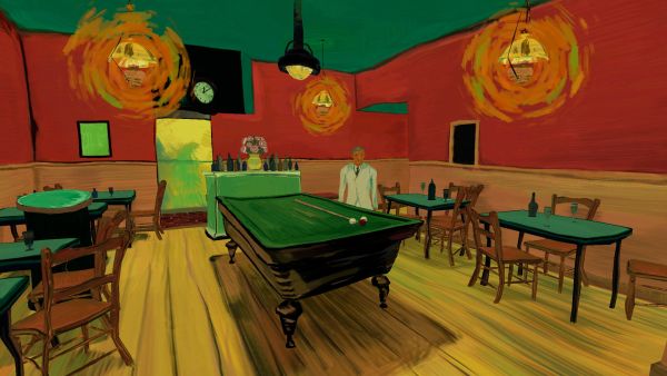 A painterly cafe room with a pool table, chairs and hanging lamps.